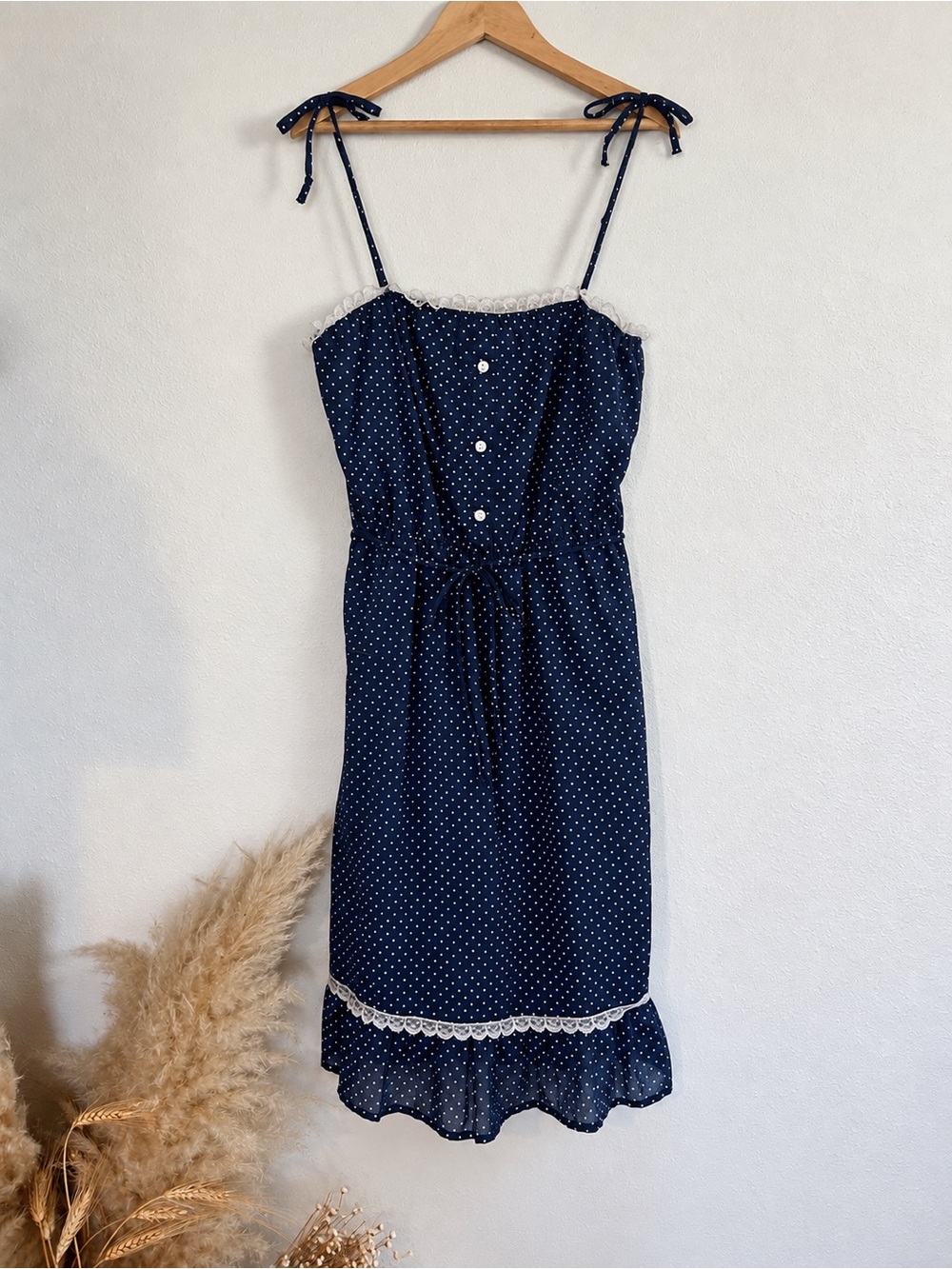 Vintage 80s News From California Polka Dot Sun Dress Lace Trim Size 9 Small